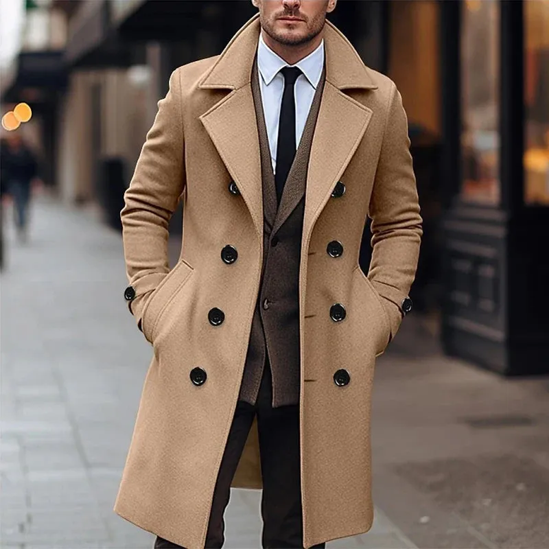 Wiaofellas  -  Vintage Double Breasted Woolen Overcoats Men Long Jackets Spring Fashion Solid Color Turn-down Collar Coats For Mens Streetwear