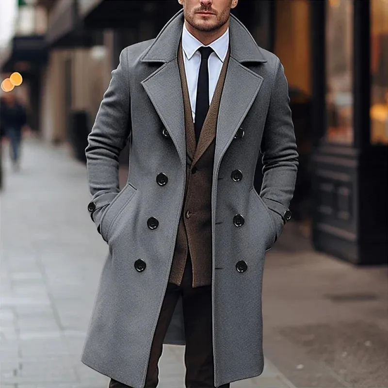 Wiaofellas  -  Vintage Double Breasted Woolen Overcoats Men Long Jackets Spring Fashion Solid Color Turn-down Collar Coats For Mens Streetwear