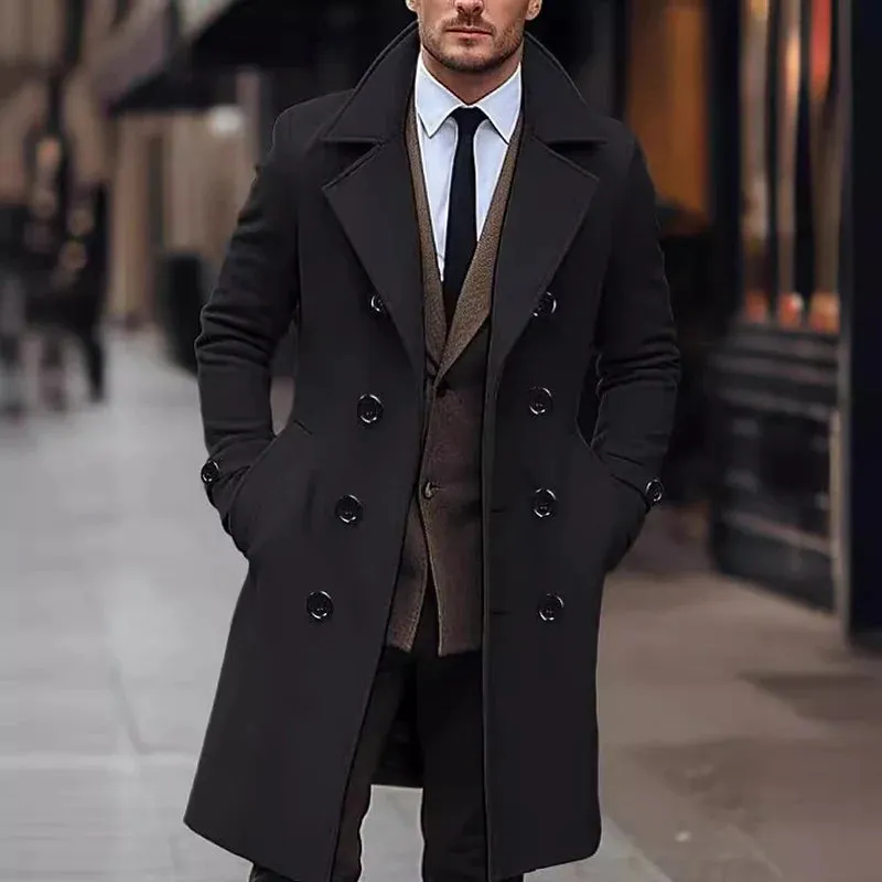 Wiaofellas  -  Vintage Double Breasted Woolen Overcoats Men Long Jackets Spring Fashion Solid Color Turn-down Collar Coats For Mens Streetwear