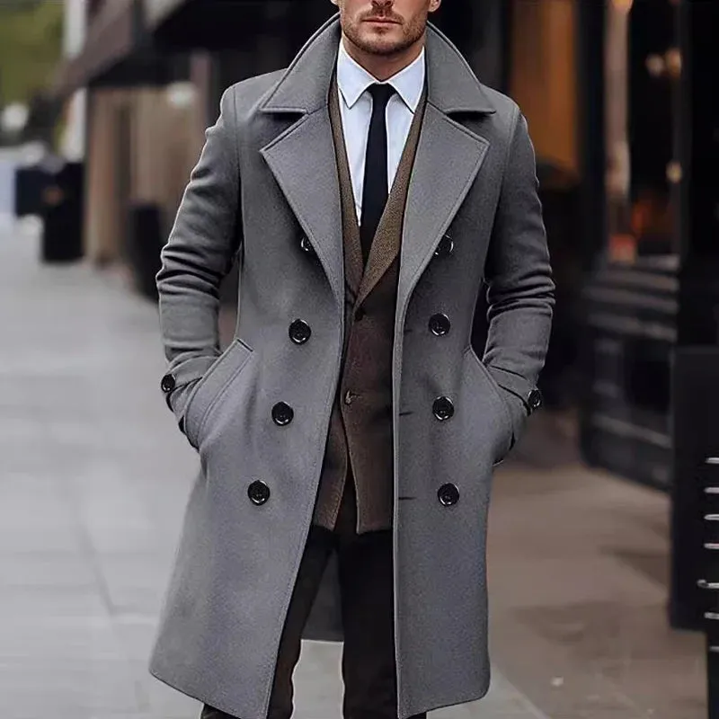 Wiaofellas  -  Vintage Double Breasted Woolen Overcoats Men Long Jackets Spring Fashion Solid Color Turn-down Collar Coats For Mens Streetwear