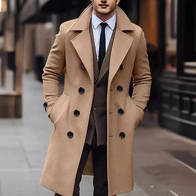 Wiaofellas  -  Vintage Double Breasted Woolen Overcoats Men Long Jackets Spring Fashion Solid Color Turn-down Collar Coats For Mens Streetwear