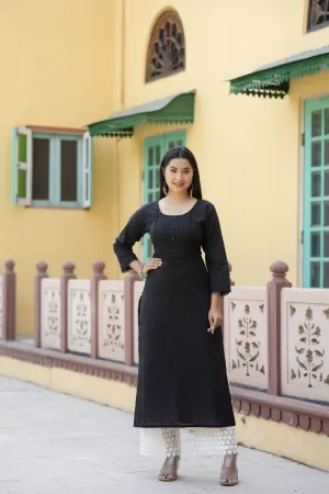 Women Black Doby Straight Kurta With Three Quarter Sleeves