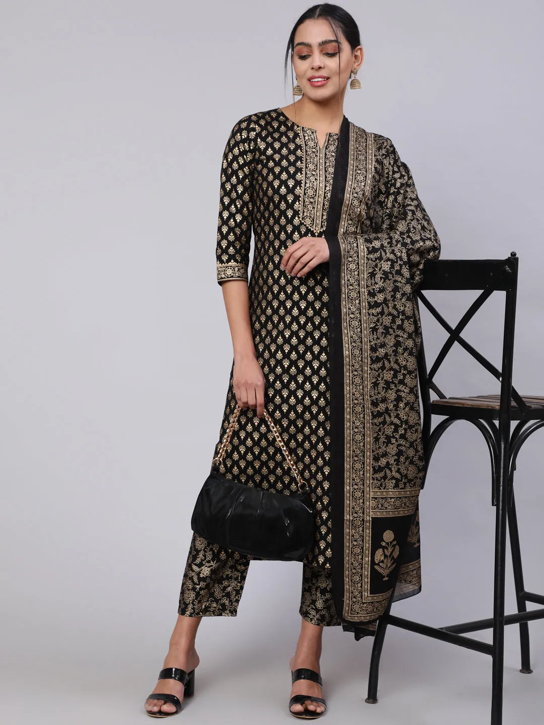 Women Black Ethnic Printed Kurta With Palazzo And Dupatta