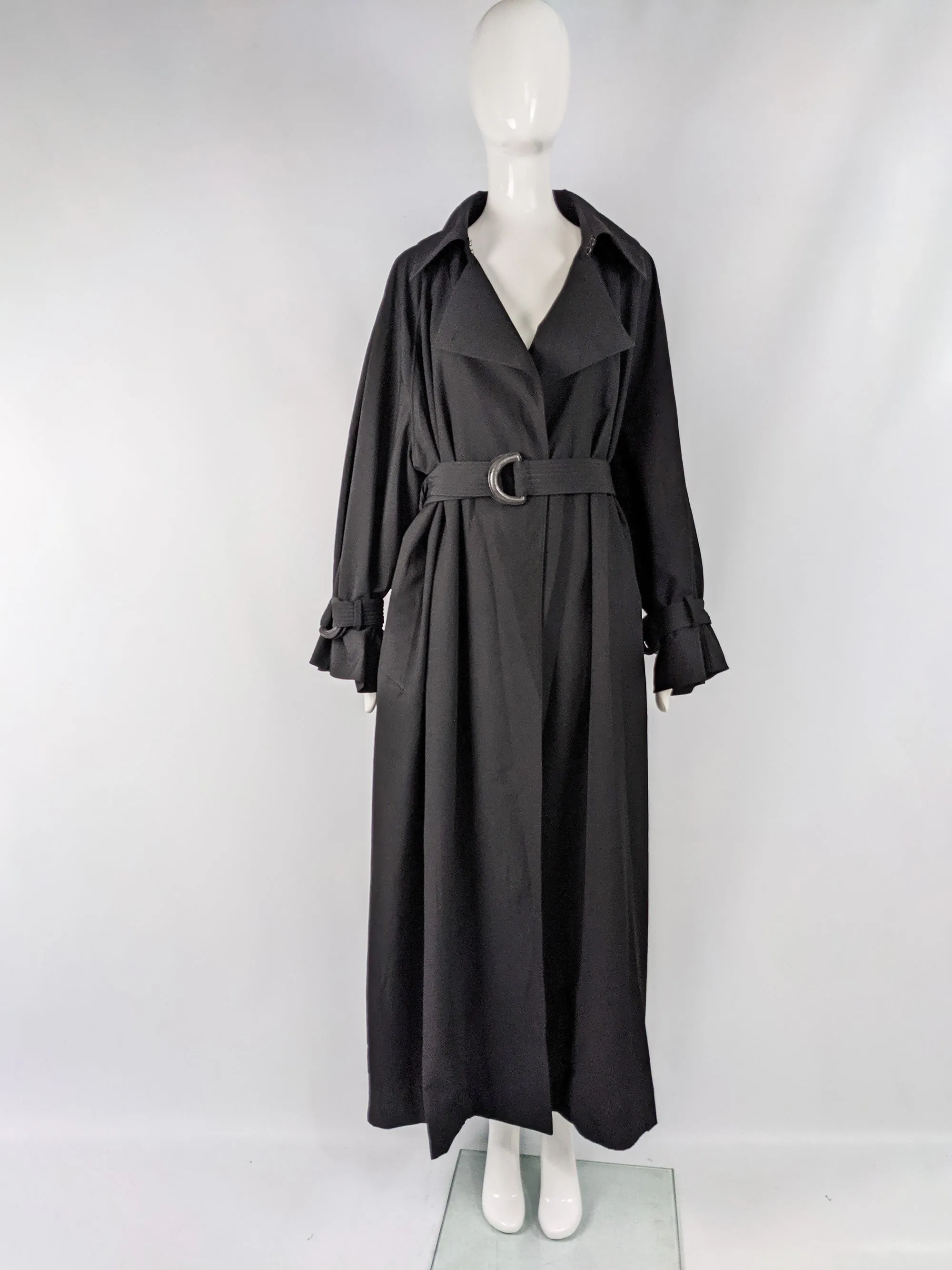 Vintage Womens Black Full-Length Trench Coat, 1980s
